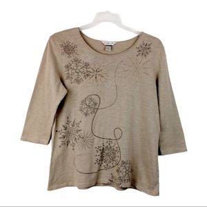 Women's Christopher & Banks Snow Flake 3/4 Sleeve Knit Top, Size Large, Tan,Gold
